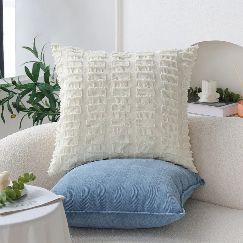 Square pillowcase with woven rectangular relief and frayed texture Stornfield