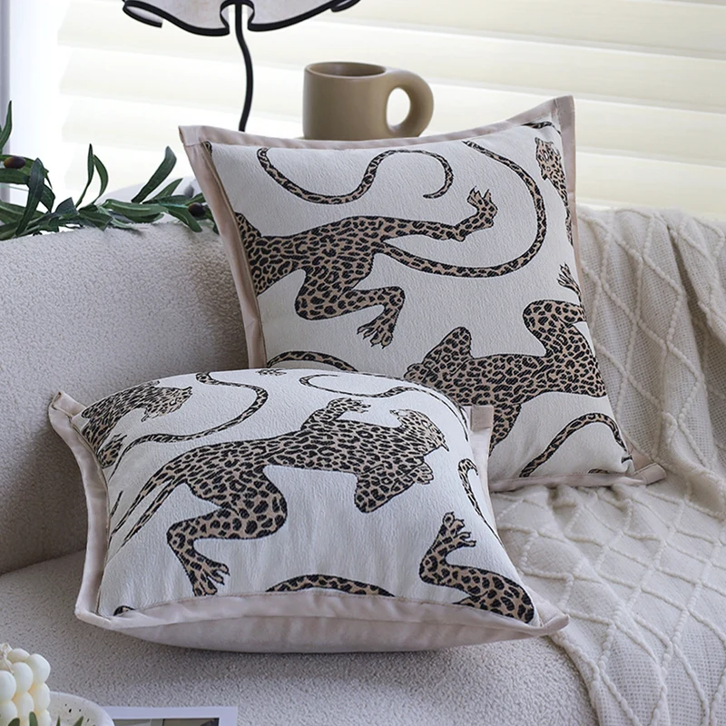 Square pillowcase with embroidered leopard pattern and satin piping Stornfield