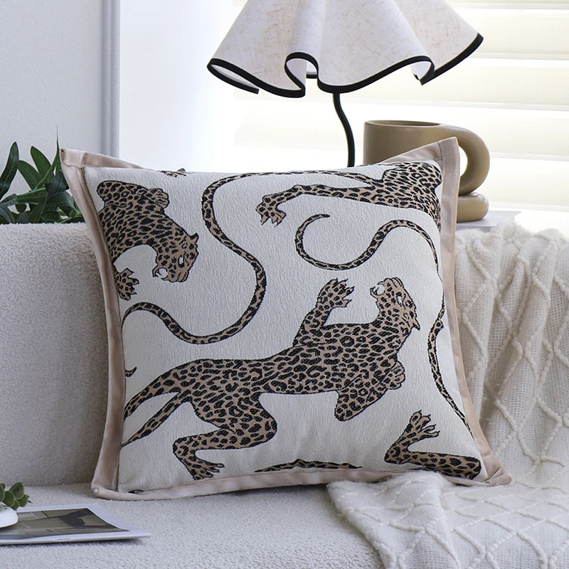 Square pillowcase with embroidered leopard pattern and satin piping Stornfield