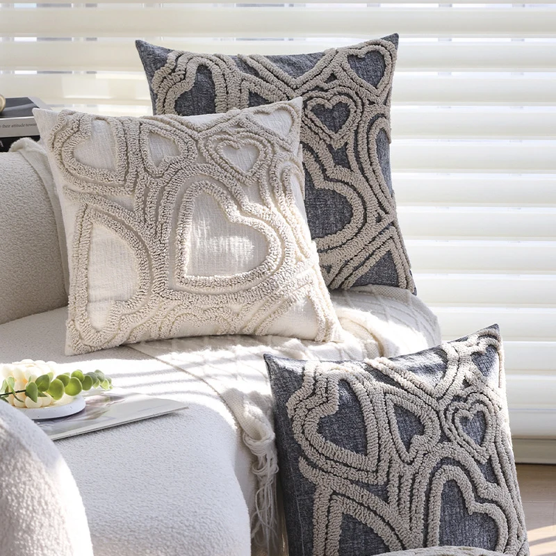 Square cushion cover with three-dimensional looped heart relief made of soft bouclé mix Stornfield