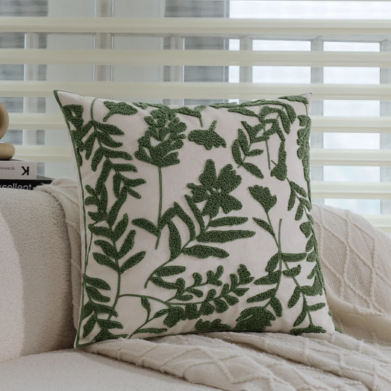 Square cushion cover with botanical tuft relief and fine piping Stornfield
