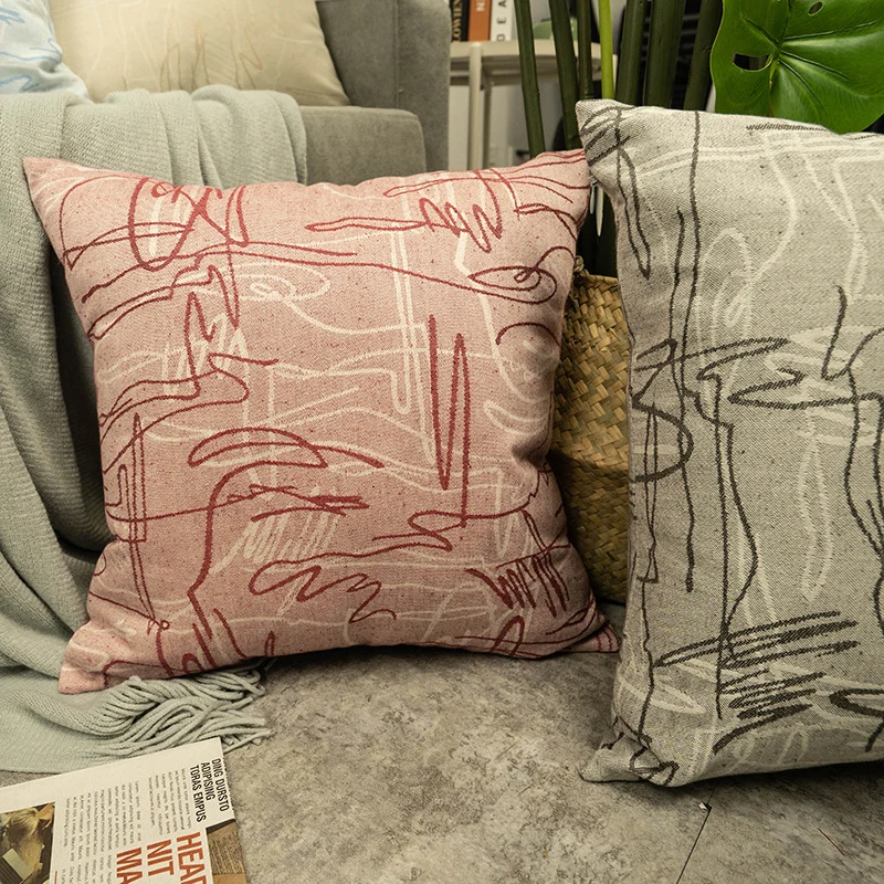 Square cushion cover with abstract line print on linen-cotton blend Stornfield