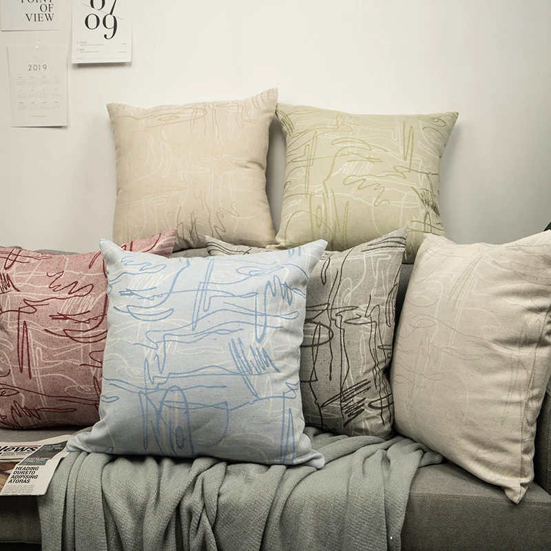 Square cushion cover with abstract line print on linen-cotton blend Stornfield
