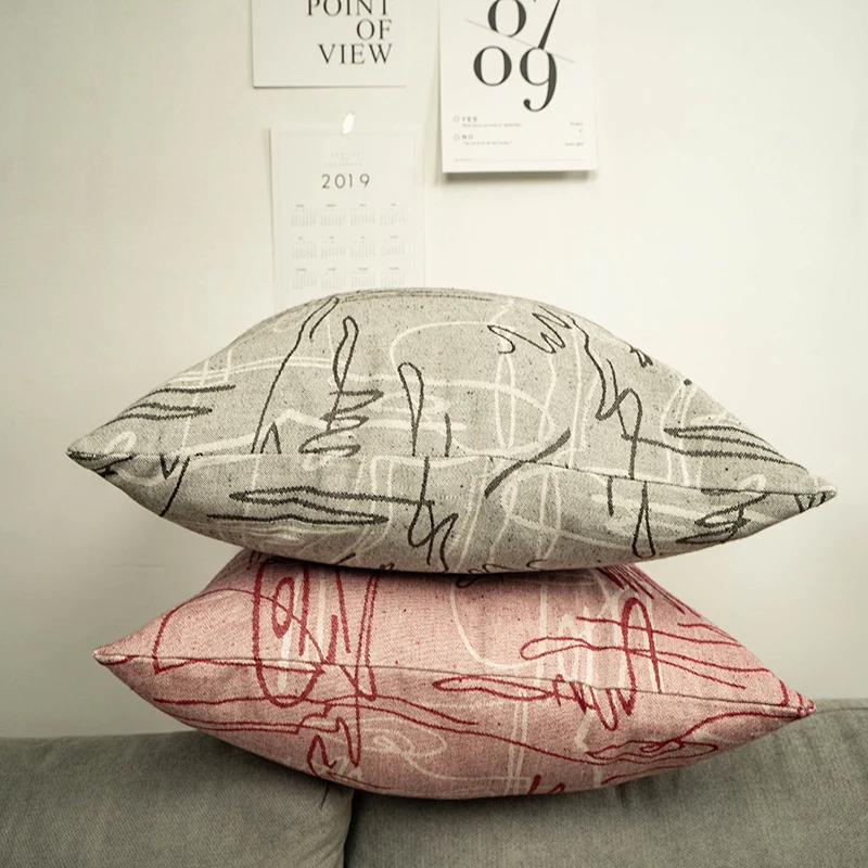 Square cushion cover with abstract line print on linen-cotton blend Stornfield