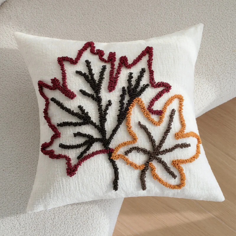 Square cushion cover Stornfield with hand-tufted leaf appliqué and cotton-linen blend