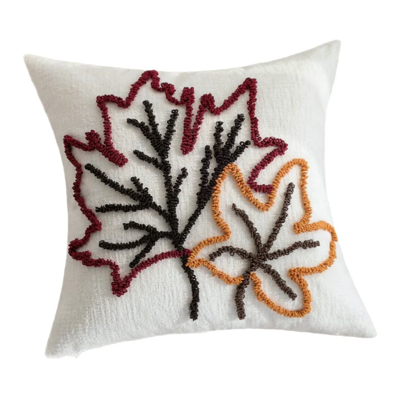 Square cushion cover Stornfield with hand-tufted leaf appliqué and cotton-linen blend