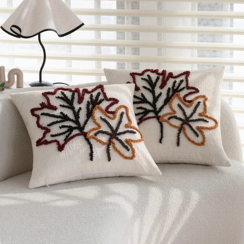 Square cushion cover Stornfield with hand-tufted leaf appliqué and cotton-linen blend