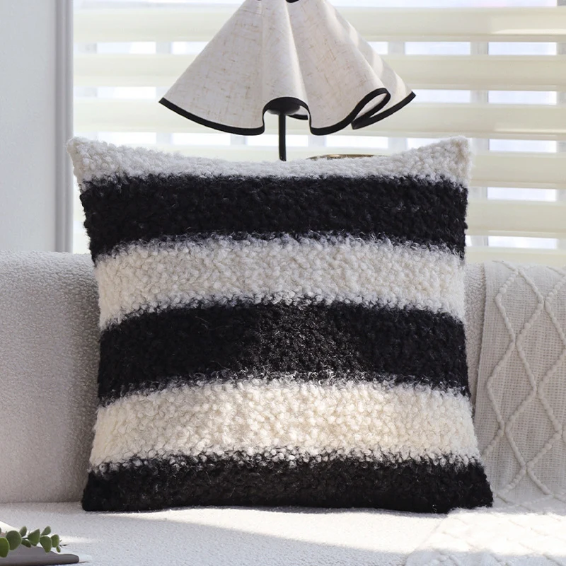 Square cushion cover made of teddy bouclé with relief stripes and soft pile Stornfield