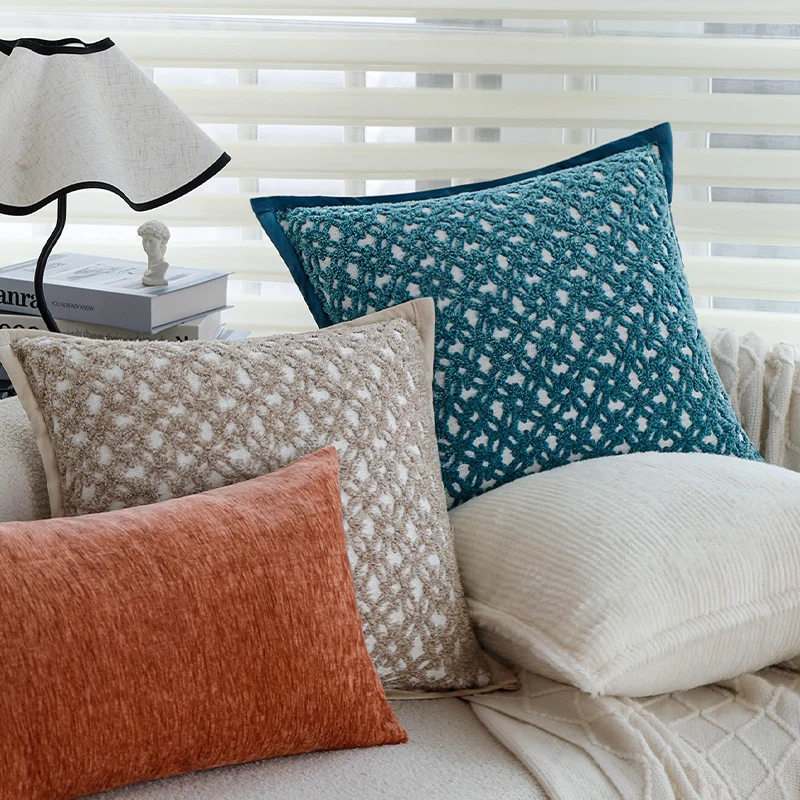 Square sofa cushion cover made of textured plush with fine piping Stornfield