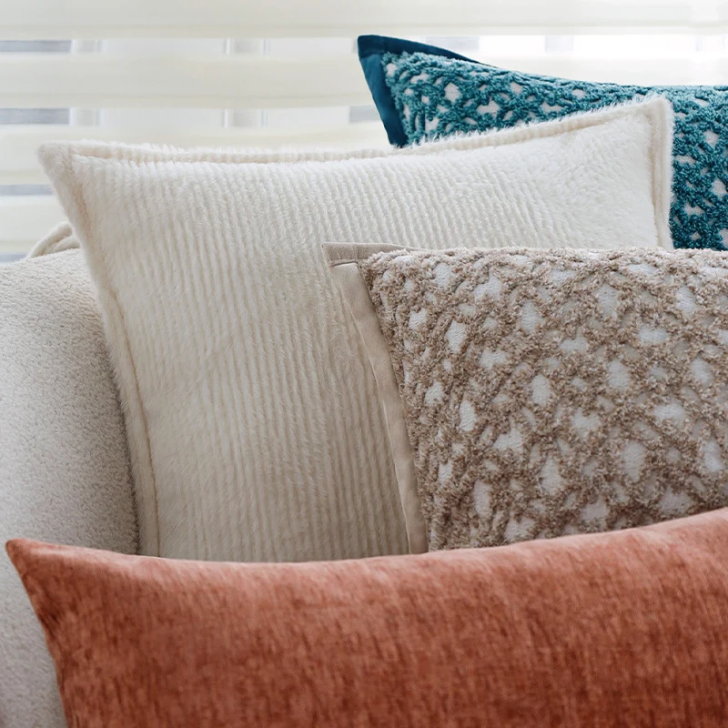 Square sofa cushion cover made of textured plush with fine piping Stornfield