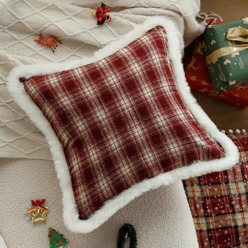 Square sofa decorative cushion cover in classic tartan design with teddy border Stornfield