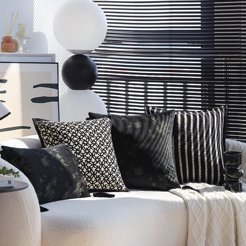 Square velvet pillowcase with embossed metallic stripe and fine piping Stornfield