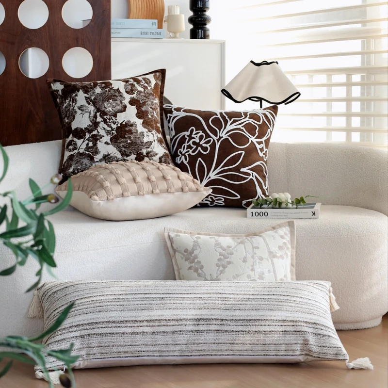 Square velvet cushion cover with raised chenille flower application and concealed zipper Stornfield