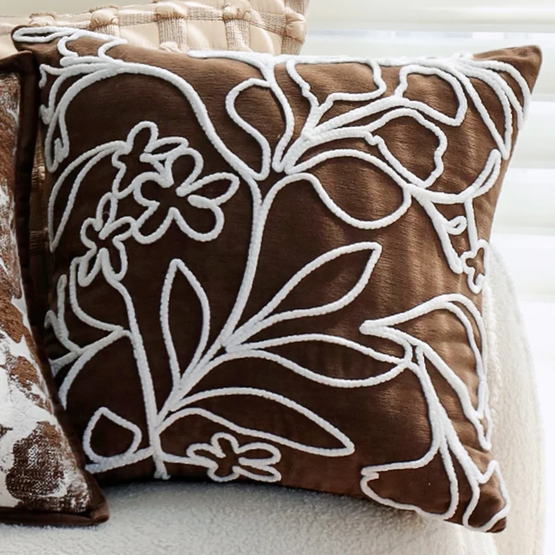 Square velvet cushion cover with raised chenille flower application and concealed zipper Stornfield