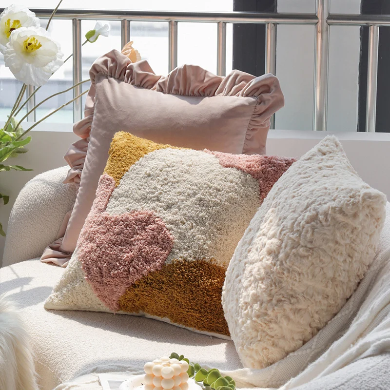 Square velvet cushion cover with decorative ruffle edge and soft-touch surface Stornfield