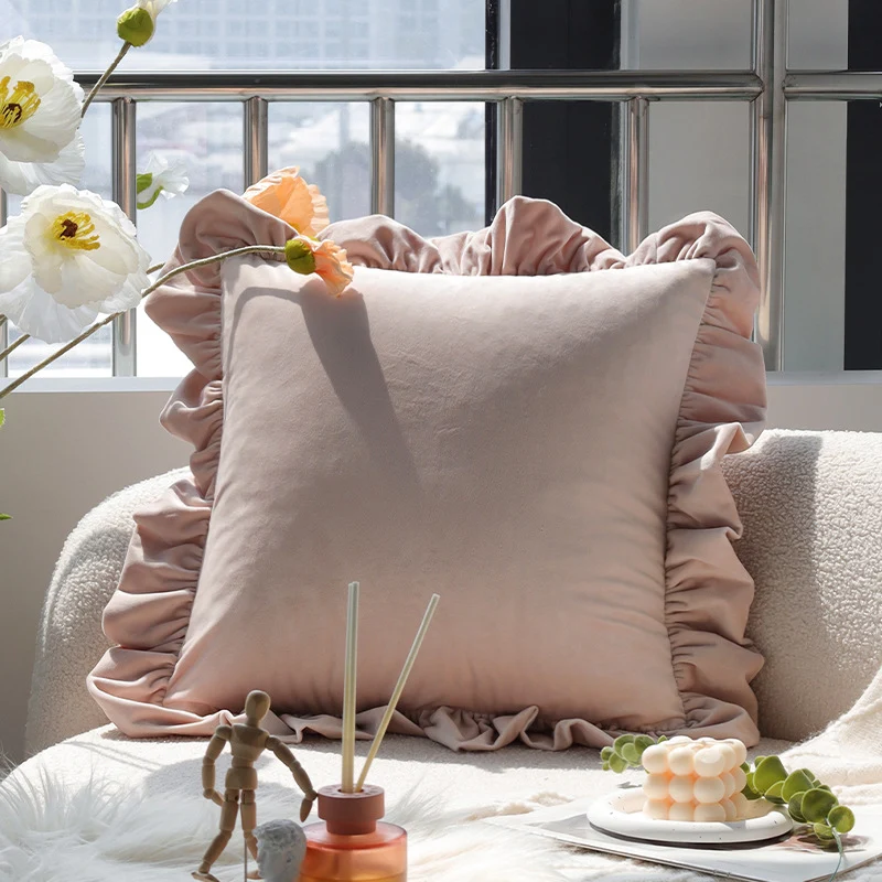 Square velvet cushion cover with decorative ruffle edge and soft-touch surface Stornfield
