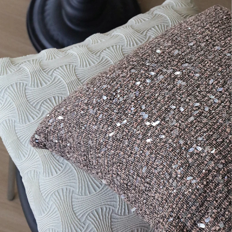 Square luxury cushion cover with shimmering sequins and textured bouclé weaving Stornfield