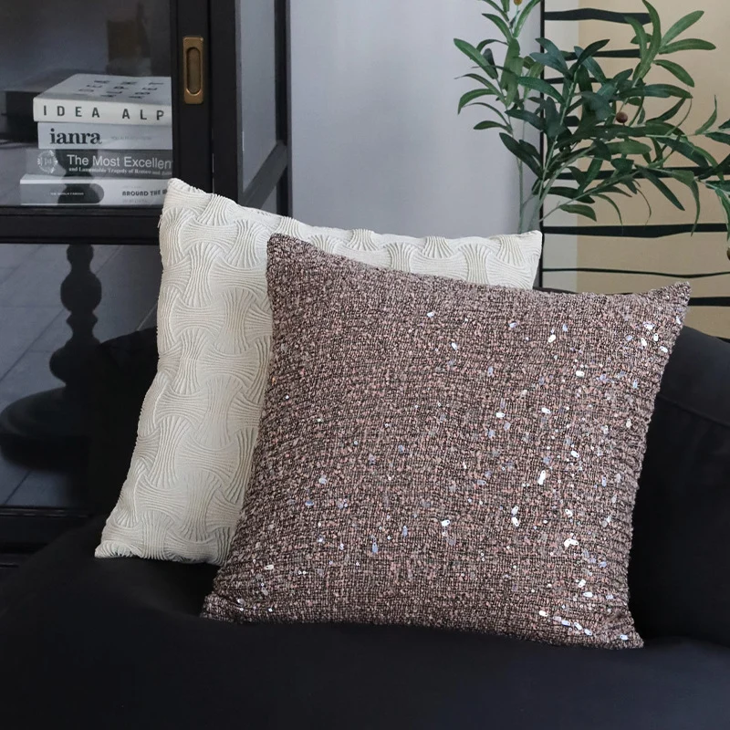 Square luxury cushion cover with shimmering sequins and textured bouclé weaving Stornfield