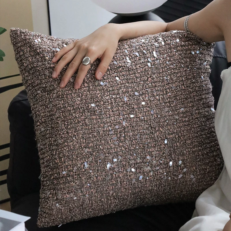 Square luxury cushion cover with shimmering sequins and textured bouclé weaving Stornfield
