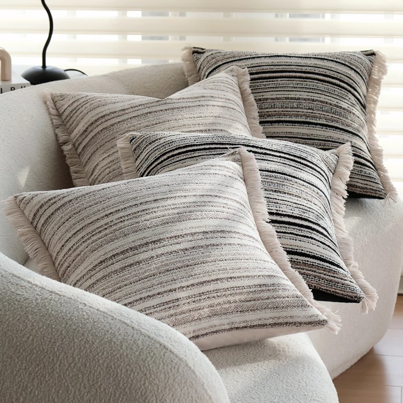 Square linen-cotton cushion cover with fine stripe relief and decorative fringes Stornfield