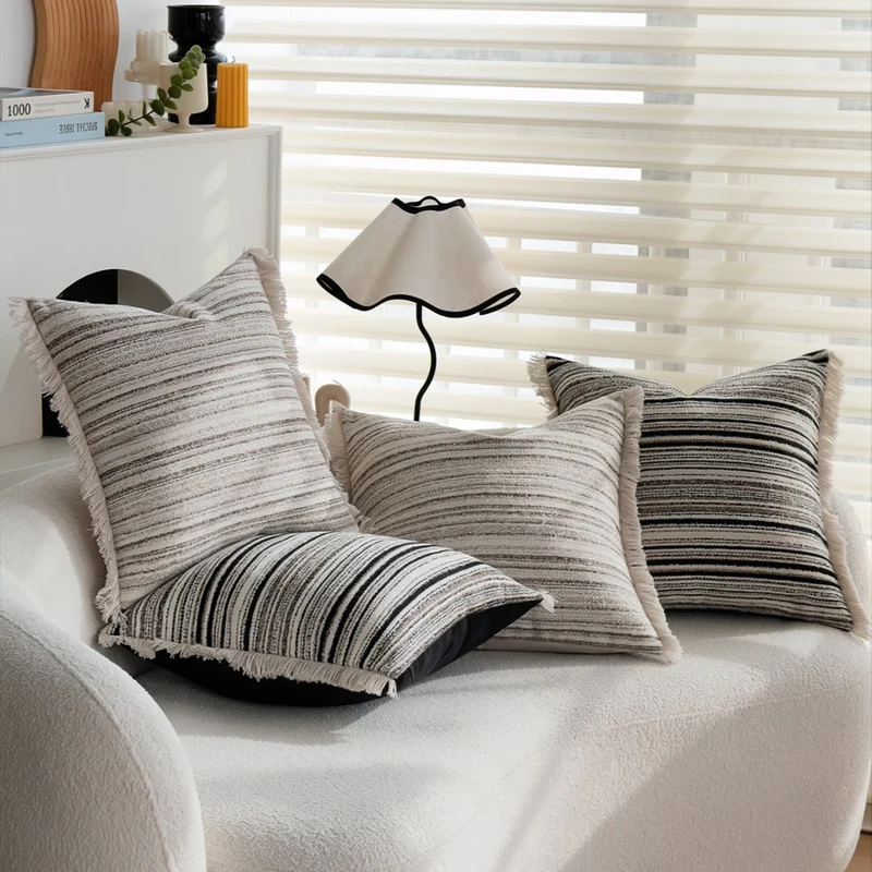 Square linen-cotton cushion cover with fine stripe relief and decorative fringes Stornfield