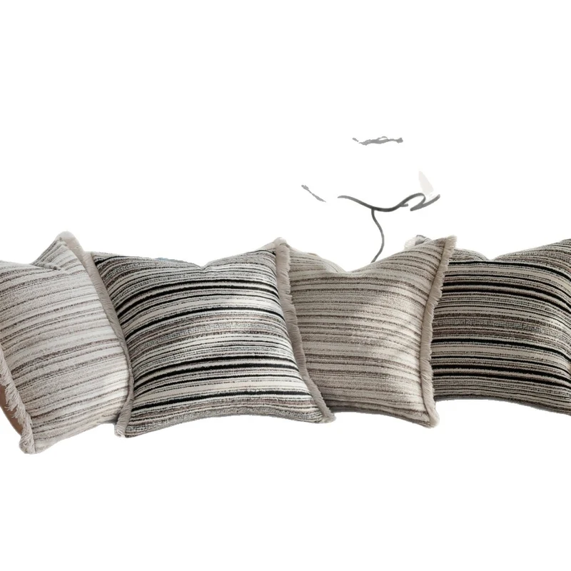 Square linen-cotton cushion cover with fine stripe relief and decorative fringes Stornfield