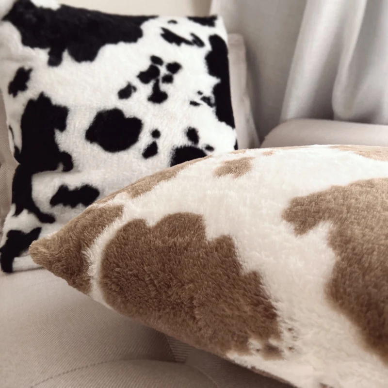 Square faux fur cushion cover with cow print pattern and extra soft plush surface Stornfield