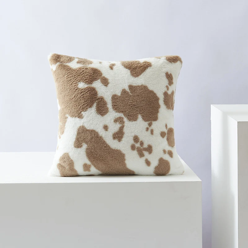 Square faux fur cushion cover with cow print pattern and extra soft plush surface Stornfield