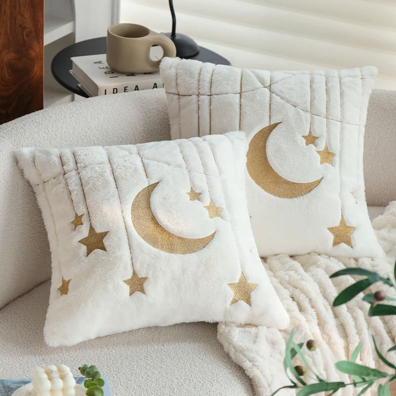Square faux fur cushion cover with gold embroidered moon and star design and soft inner lining Stornfield