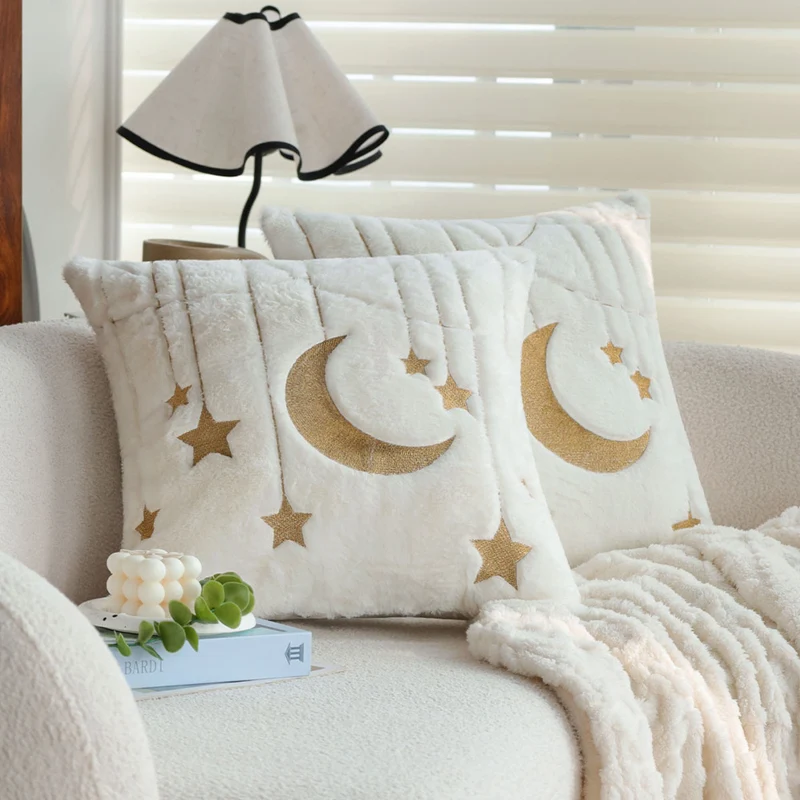 Square faux fur cushion cover with gold embroidered moon and star design and soft inner lining Stornfield