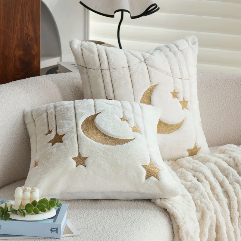 Square faux fur cushion cover with gold embroidered moon and star design and soft inner lining Stornfield