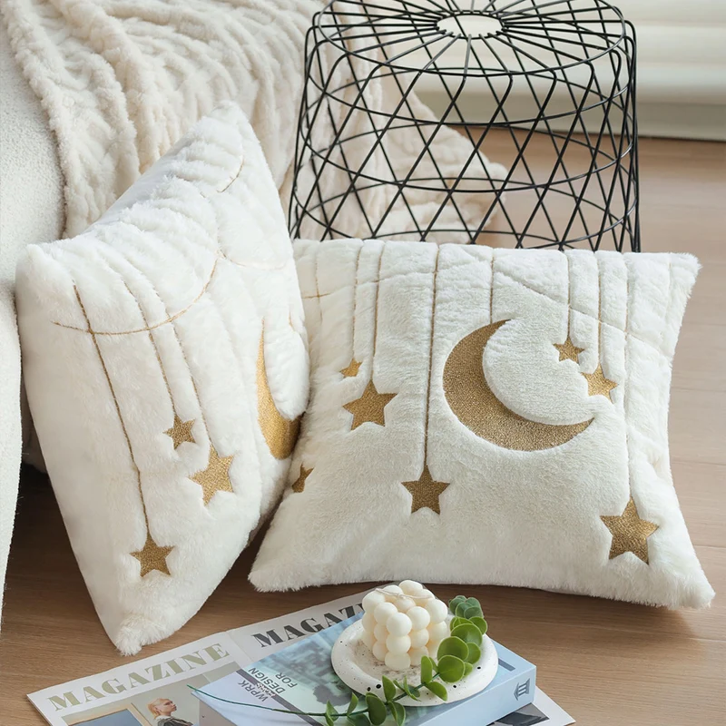Square faux fur cushion cover with gold embroidered moon and star design and soft inner lining Stornfield