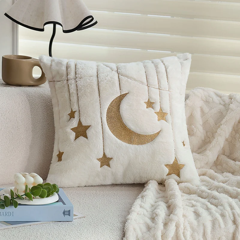 Square faux fur cushion cover with gold embroidered moon and star design and soft inner lining Stornfield