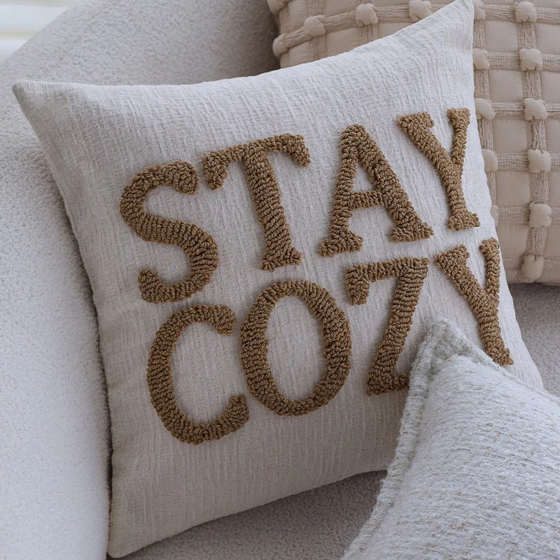 Square cushion cover with rustic textured fabric and concealed zipper Stornfield