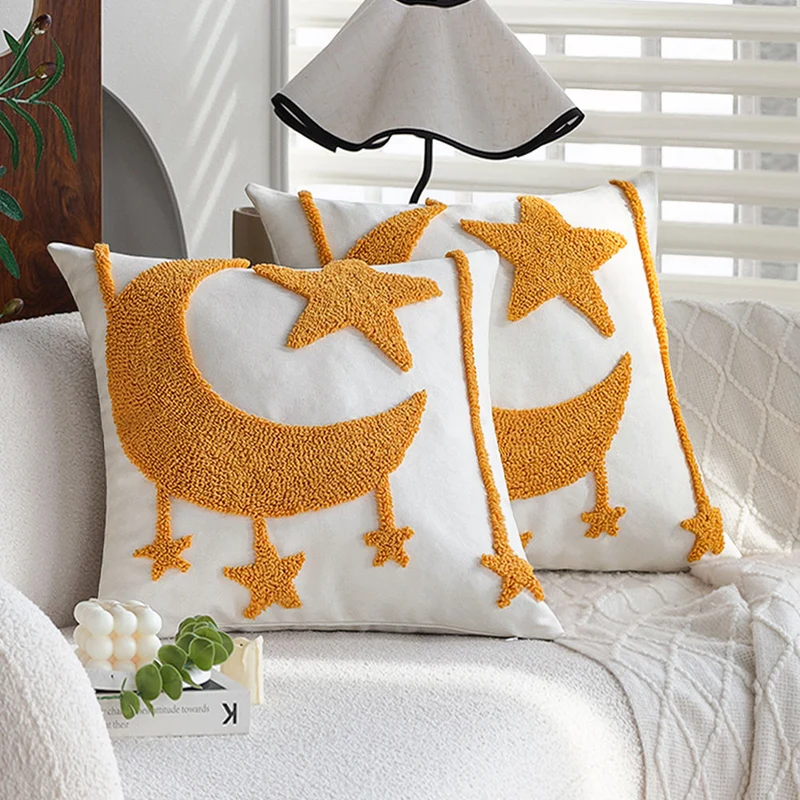 Square cushion cover with relief moon-and-star tufting made of chenille Stornfield