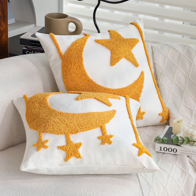 Square cushion cover with relief moon-and-star tufting made of chenille Stornfield