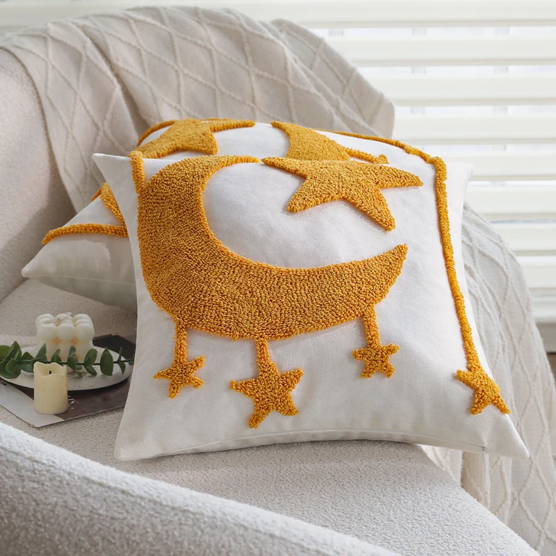 Square cushion cover with relief moon-and-star tufting made of chenille Stornfield