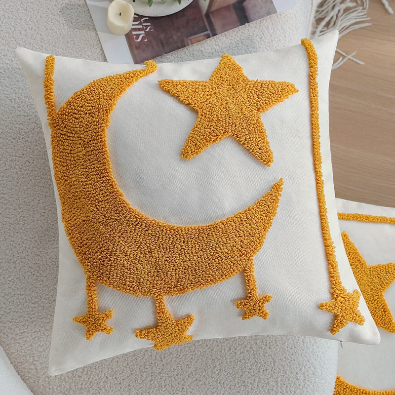 Square cushion cover with relief moon-and-star tufting made of chenille Stornfield