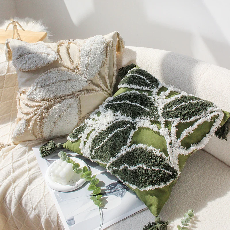 Square cushion cover with relief leaf tufting and chenille application Stornfield