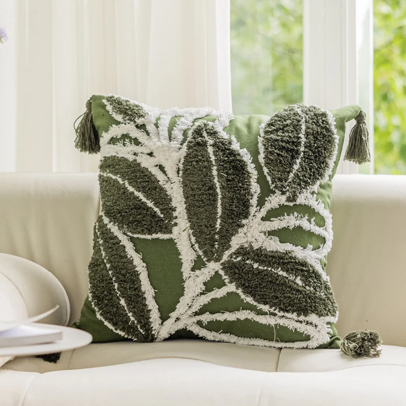 Square cushion cover with relief leaf tufting and chenille application Stornfield