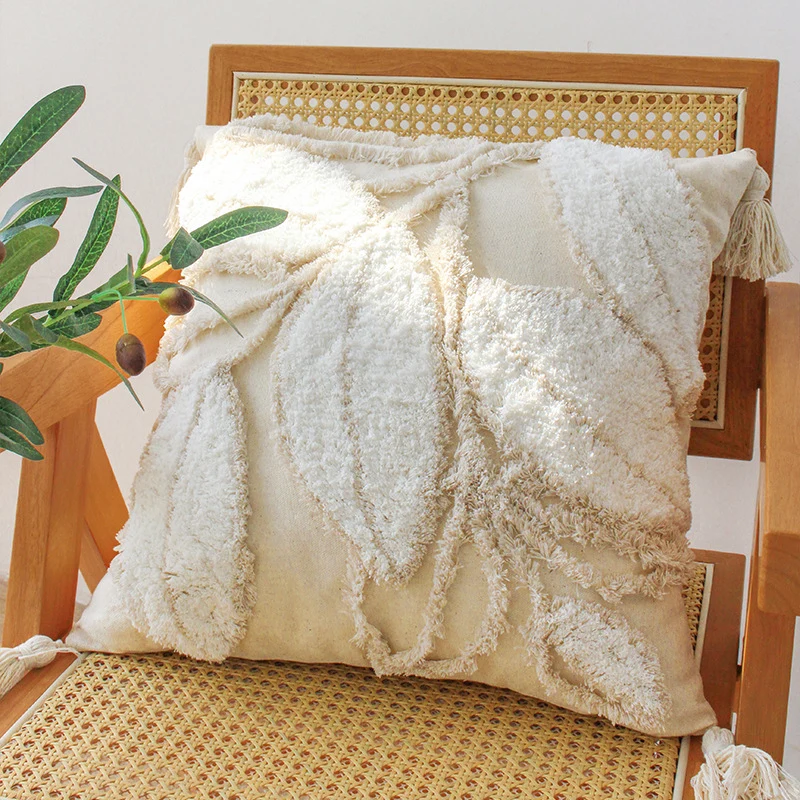 Square cushion cover with relief leaf tufting and chenille application Stornfield