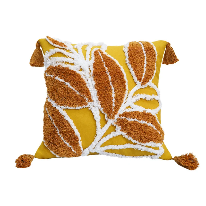 Square cushion cover with relief leaf tufting and chenille application Stornfield