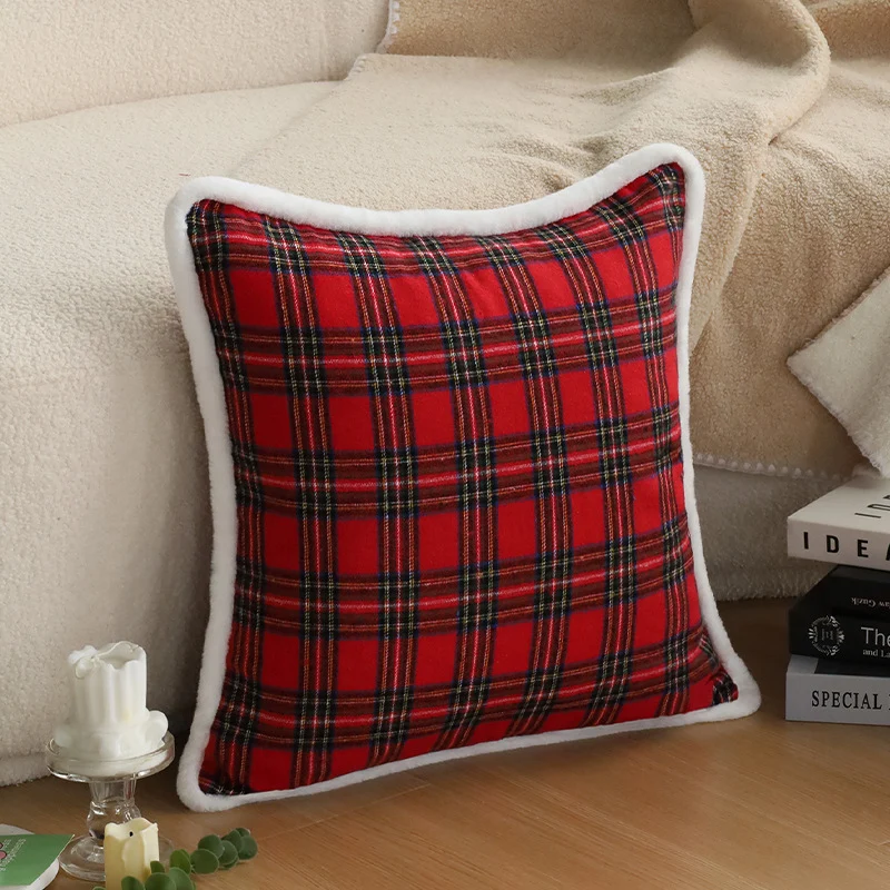 Square pillow cover with checkered flannel and Sherpa piping Stornfield