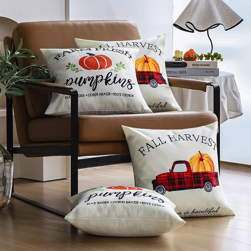Square cushion cover with autumn farmhouse pumpkin print and sturdy linen blend Stornfield