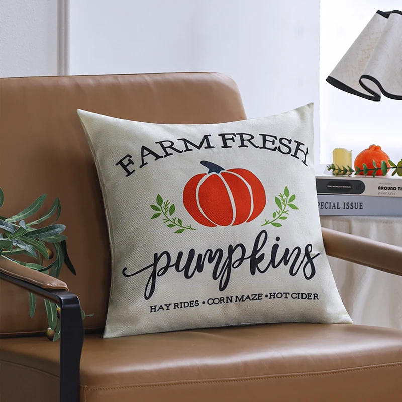 Square cushion cover with autumn farmhouse pumpkin print and sturdy linen blend Stornfield