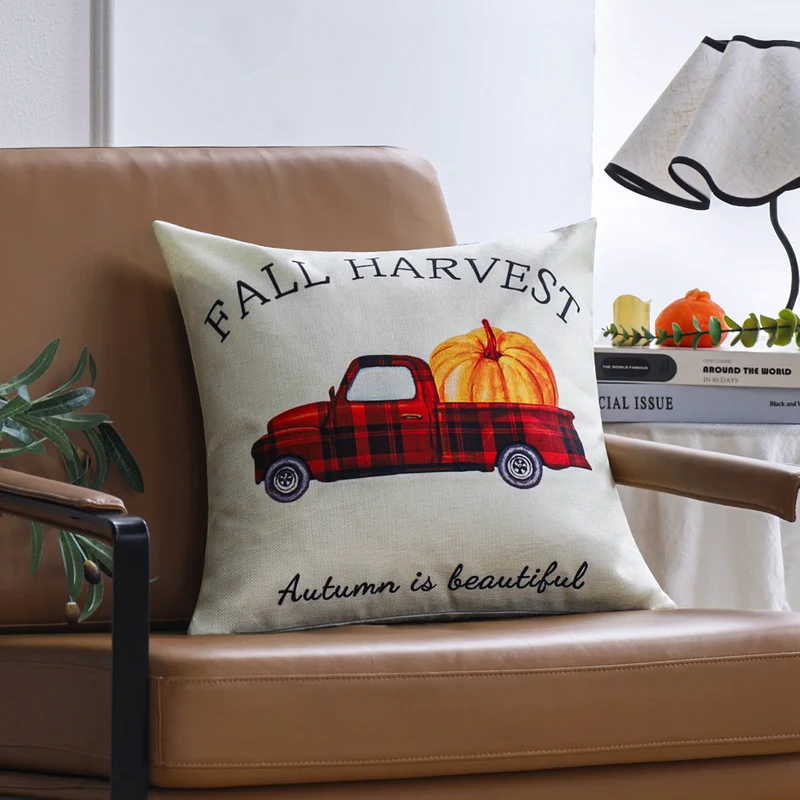 Square cushion cover with autumn farmhouse pumpkin print and sturdy linen blend Stornfield