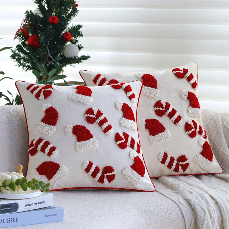 Square cushion cover with hand-tufted candy appliqués made of cotton-linen blend Stornfield