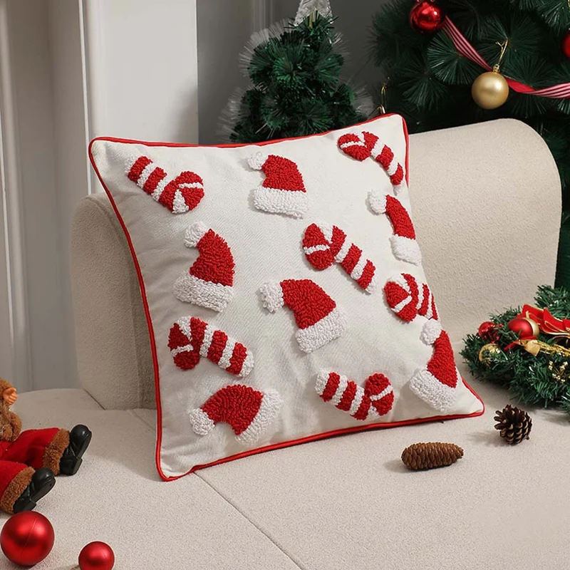 Square cushion cover with hand-tufted candy appliqués made of cotton-linen blend Stornfield