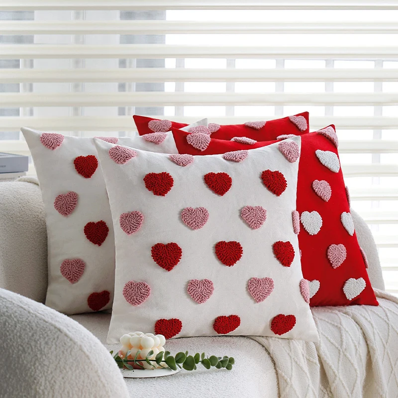 Square cushion cover with hand-tufted 3D heart relief and sturdy canvas quality Stornfield