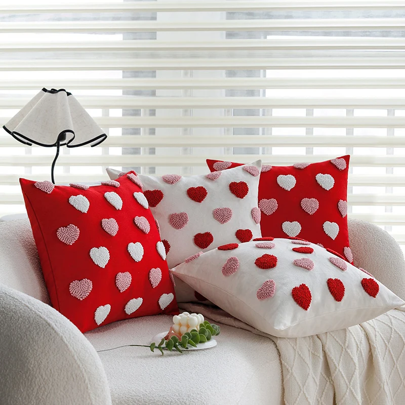 Square cushion cover with hand-tufted 3D heart relief and sturdy canvas quality Stornfield